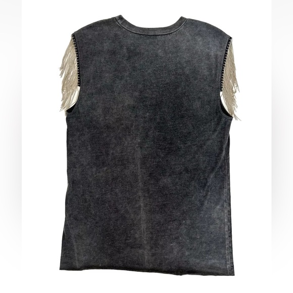 Silver Beaded Fringe Washed Black Grey Western T Shirt Tank Top NWOT Size M - Picture 9 of 9